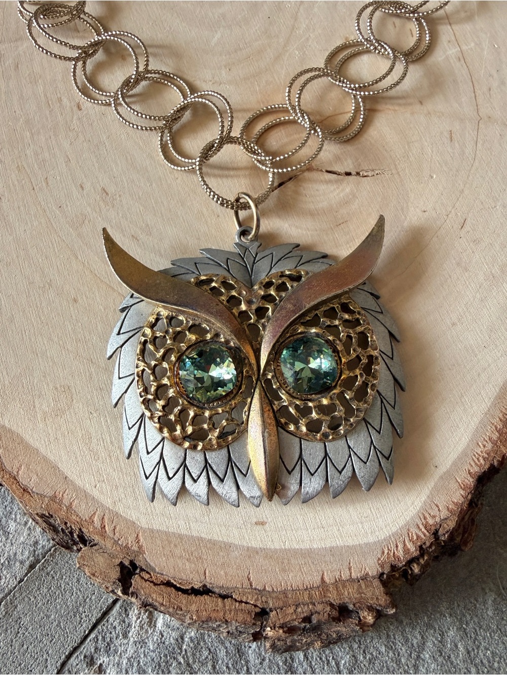 Upcycled Owl Choker Necklace with Green Rhinestone Eyes on Gold Tone Chain OOAK - Picture 10 of 10